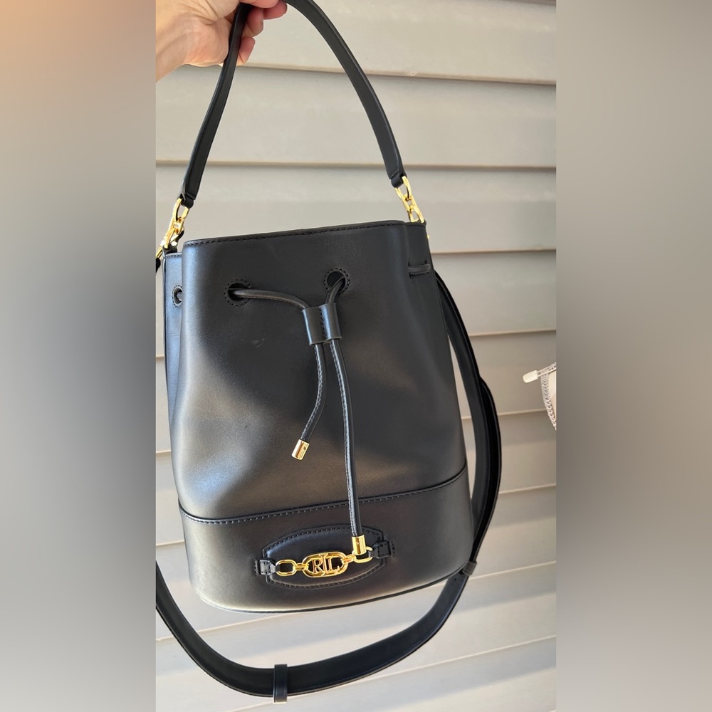 Ralph Lauren Lauren Black Andie Large Leather Drawstring Bucket Bag - Picture 5 of 8